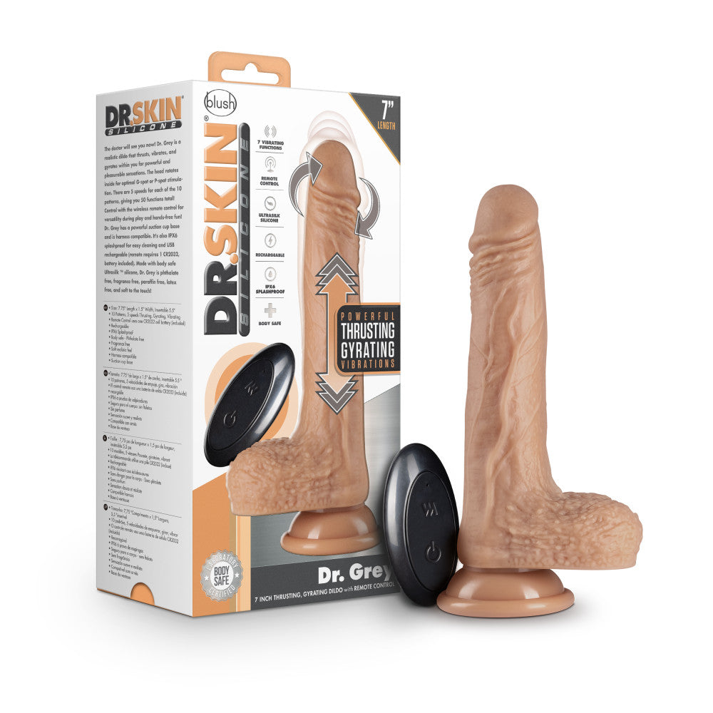 Blush Dr. Skin Silicone | Dr. Grey Vanilla 7.75-Inch Long Rechargeable Thrusting & Vibrating Dildo With Suction Cup Base